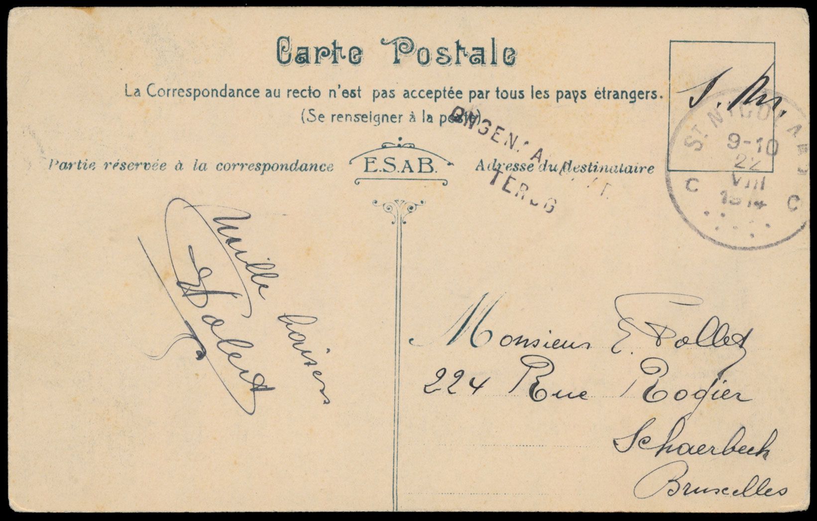1914 ZK verstuurd van St.-Niklaas 22.VIII.1914 naar Schaerbeek, maar teruggestuurd met langstempel 