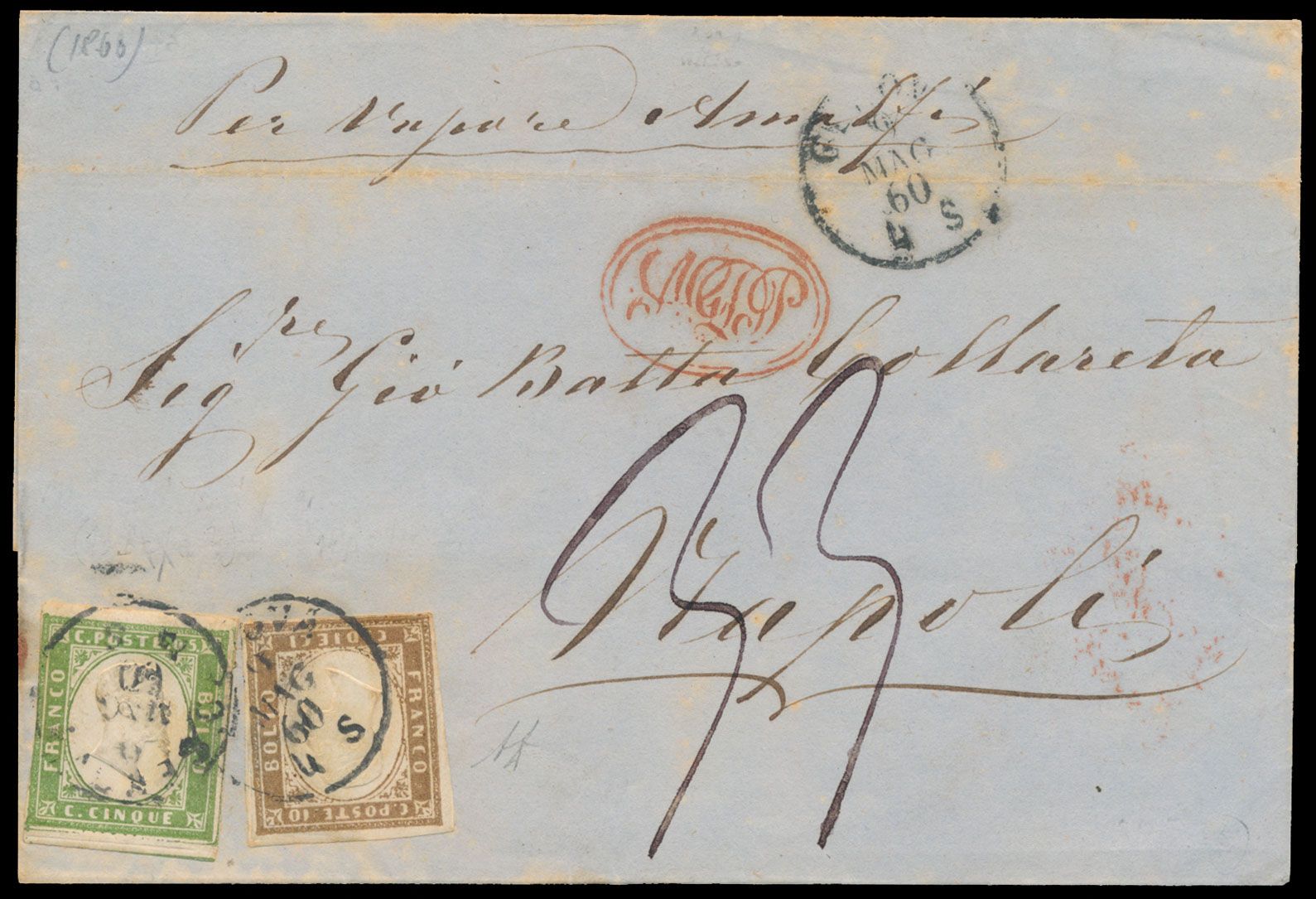 1860, letter from Genova to Napoli, franked Sassone 13Ba and 14B, f