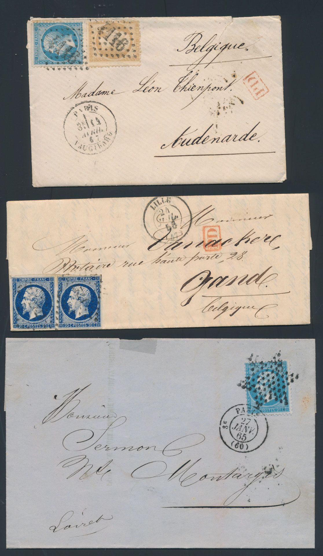 Franse briefwisseling, meestal naar België, klassieke periode, enkele leuke brieven, zie scans, zm/m