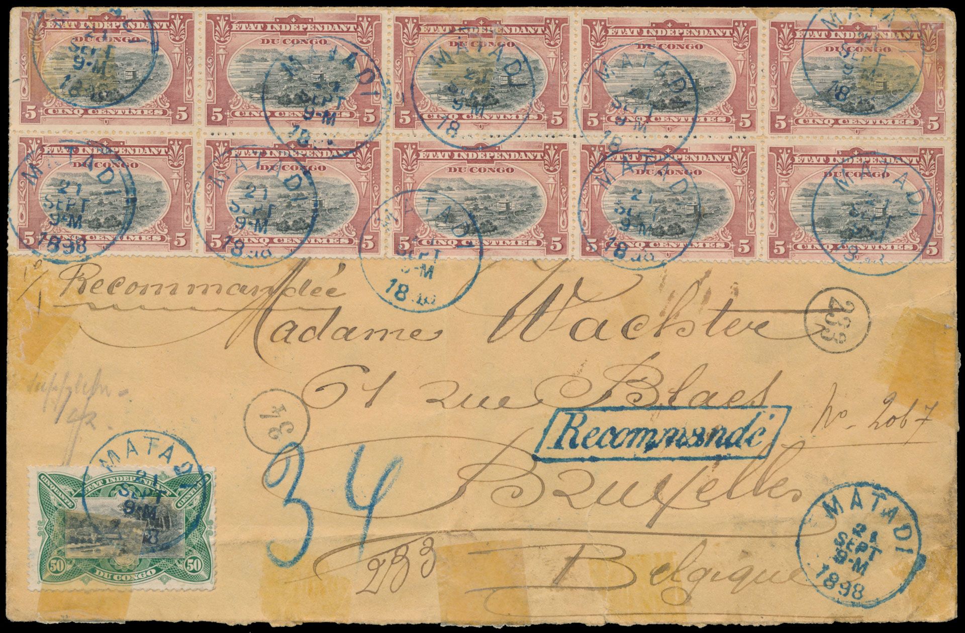 1898, registered cover franked with OBP n° 15 (block of 10) and 24 (1x) 