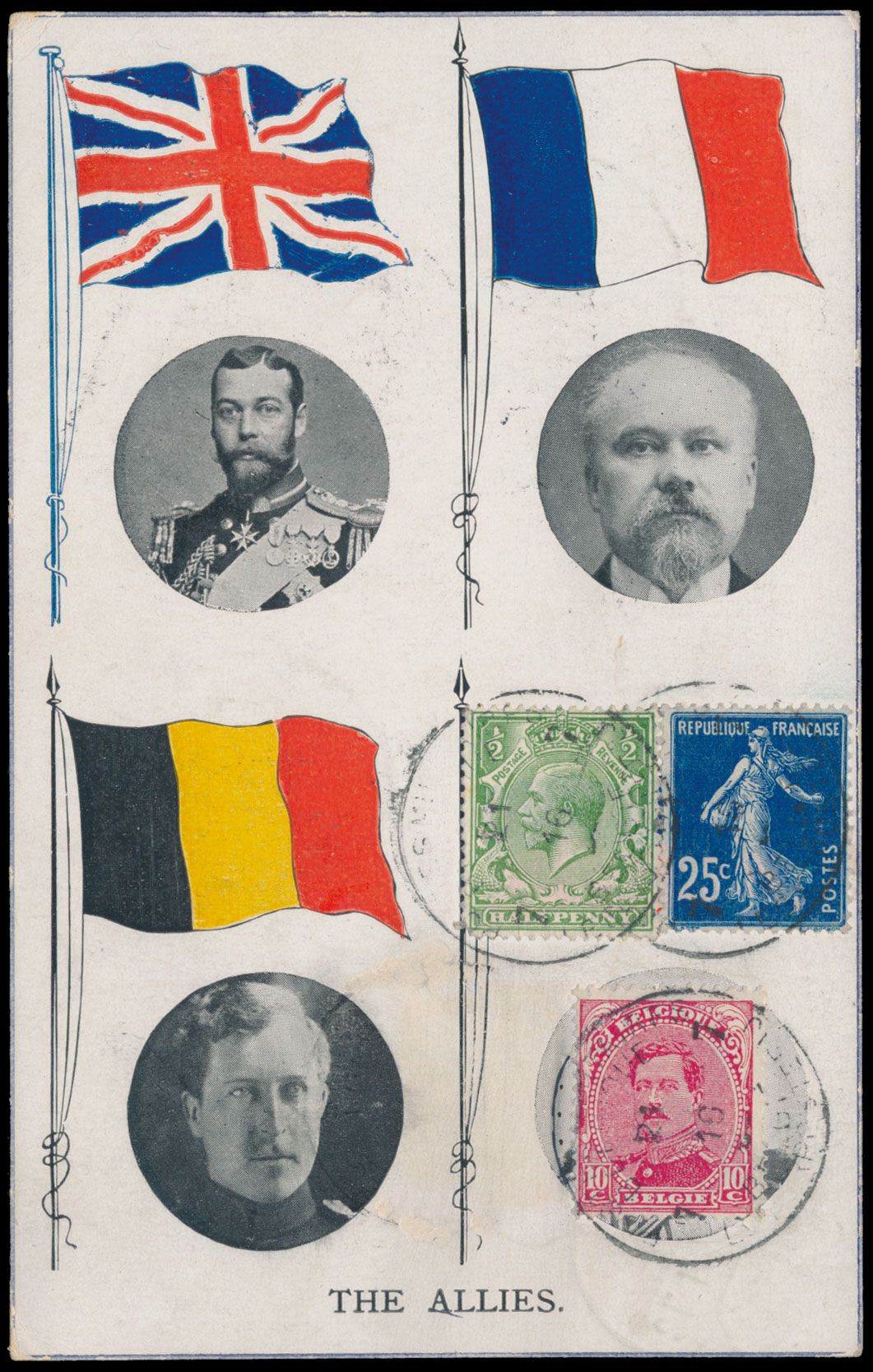 1916, aangetekende zichtkaart verstuurd uiut 'Legerposterij 7' naar Amsterdam/ Holland, afzender 'Escadron cycliste/ A 180' ABC, gefrankeerd met '10c rood Albert I, 25c blauw Semeuse en 1/2 P groen Engels zegel' juiste frankering als 35 cent. met 2 zegels van 2 verschillende landen, zm.