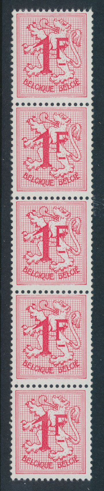 R 8 'Cijfer op Heraldieke Leeuw 1 Fr rood' (strook van 5) met nummer, zm (OBP € 130)