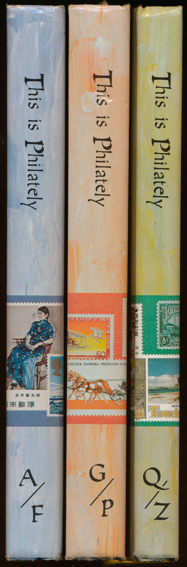 Set of 3, This is Philately, an encyclopedia of the fascination world of stamp collecting, volume I (A-F), II (G-P) and III (Q-Z); Kenneth A. Wood; Van Dahl Publications; 1982; printed; bound/glued; English; hard cover; in very good condition