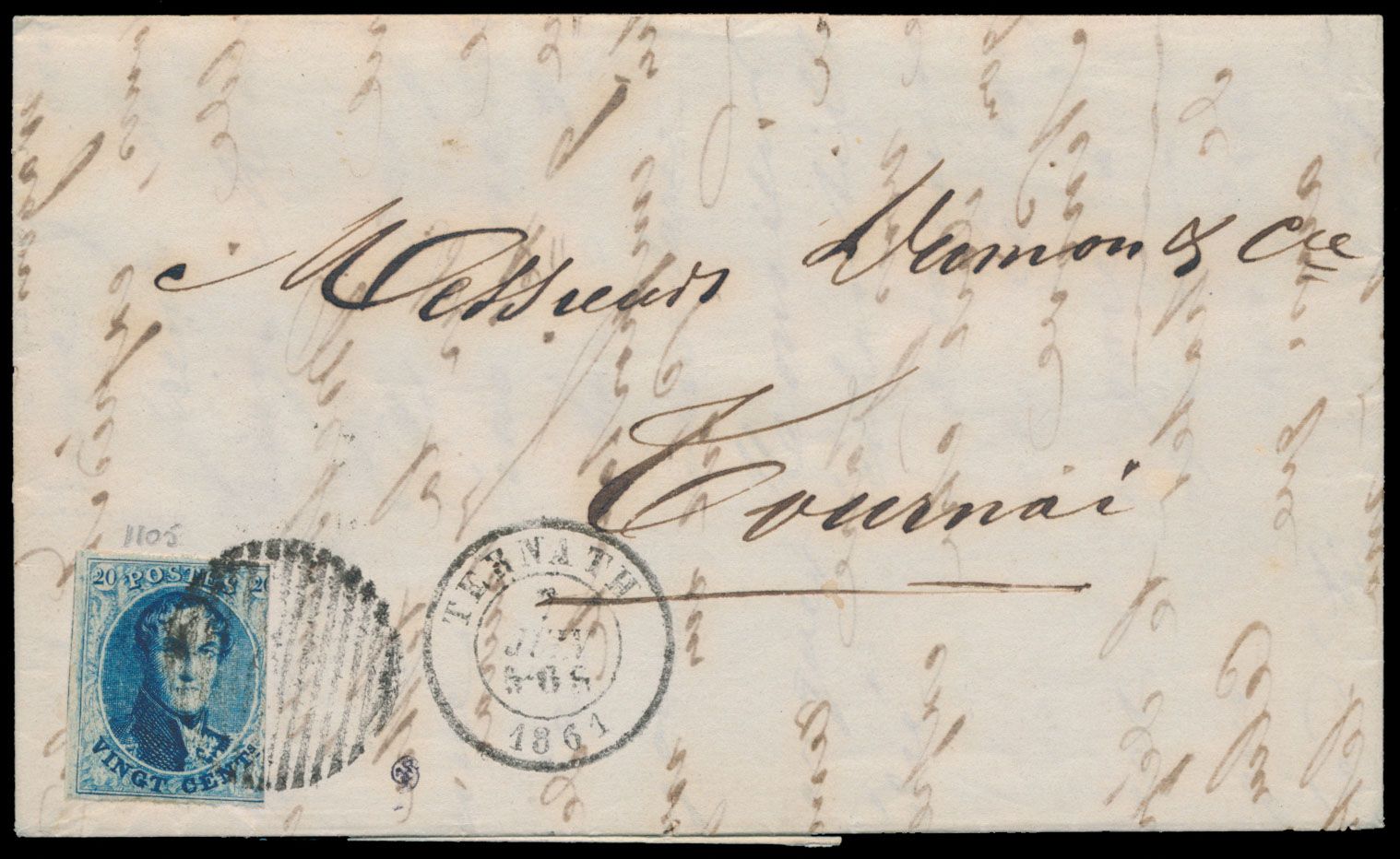1861 N° 11, '20c. blau', auf Brief mit Inhalt, aus Ternath, datiert 7. Juni 1861. Die Marke ist mit einem 14-Barren-Stempel entwertet ( kein Briefkasten-Stempel ), zusammen mit einem Abgangsstempel von Ternath, datiert 7. Juni 61, nach Tournai.  Kombination von 14 Balken, Abgangsstempel und kein Briefkasten-Stempel ist selten, einwandfrei
