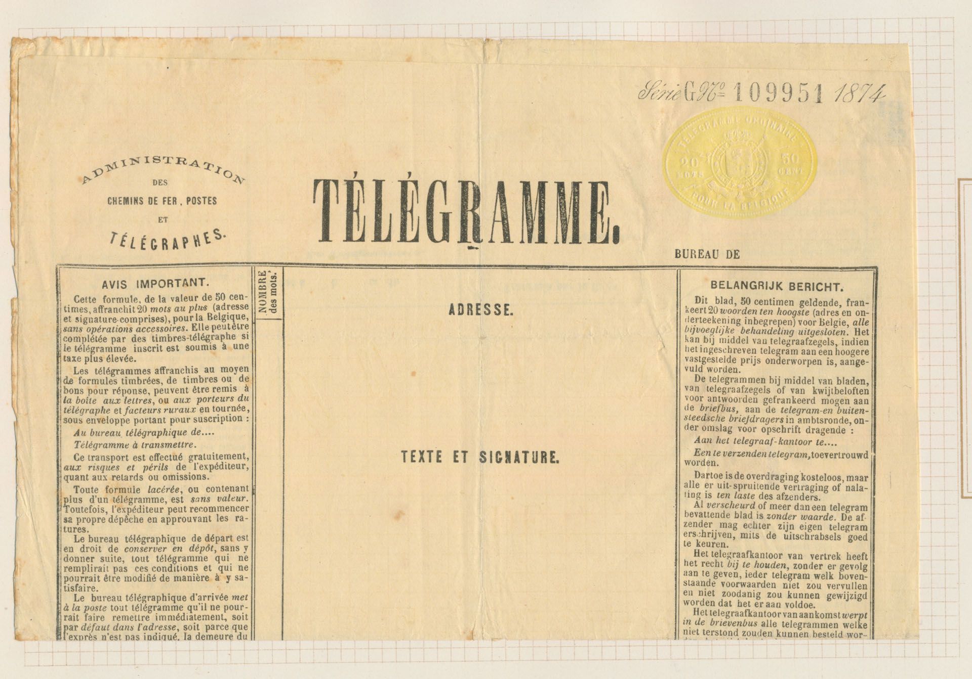 Telegram formulier ongebruikt 1874 (gemengde kwaliteit !) , NTZ.