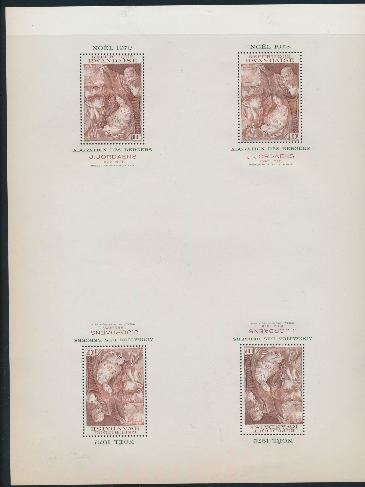 Type BL 26, Christmas Rwanda 1972, complete sheef of 4 essays of the block sheet in adopted colour, without gum, on glossy paper, scarce, vf
