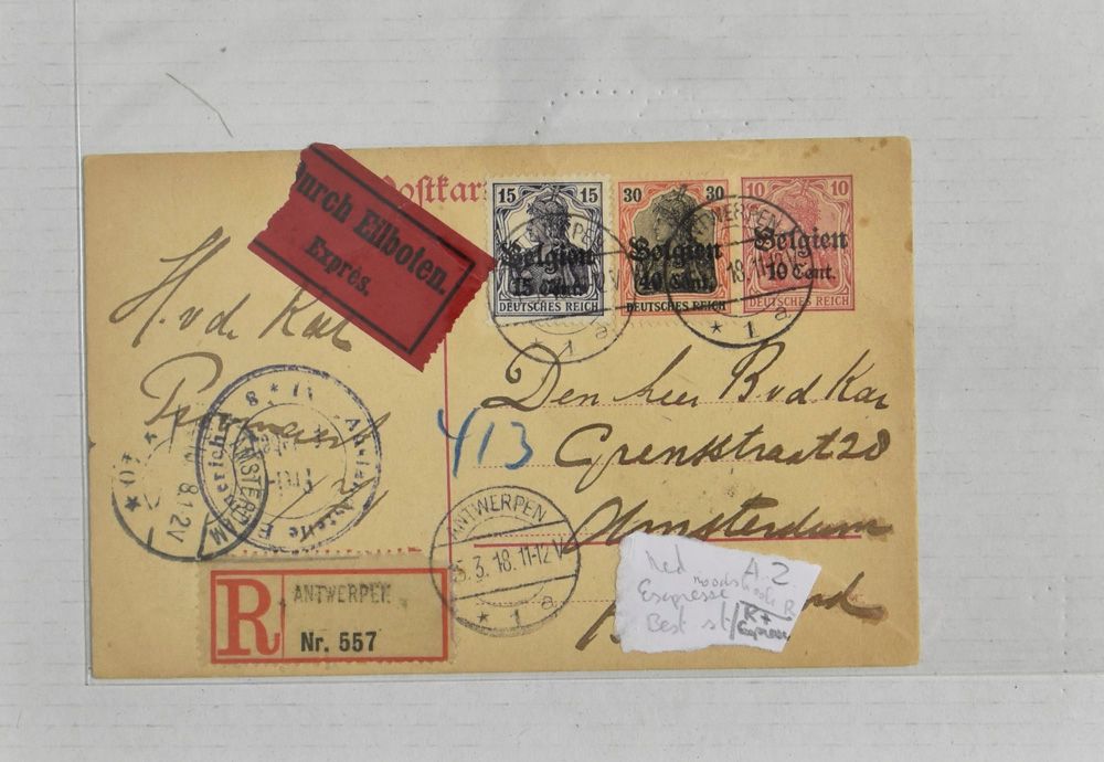1915/1918, 9 poststukken uit Antwerpen, Coutrai, Brussel, St. Gillis en Verviers, naar België, Holland en Zwitserland, zeer mooie frankeringen, censuren, spoedbestelling PWS, 5 aangetekende.