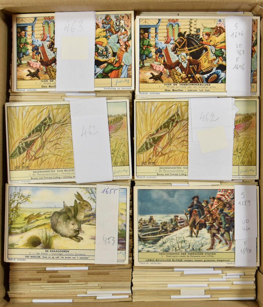 Entre le n° 122 et 1568, 230 séries et 30 Cibils, Liebig en vrac 1 300 entre le n° 1407 et 1781 + +/- 253 séries Liebig entre le n° 1425 et 1656.
