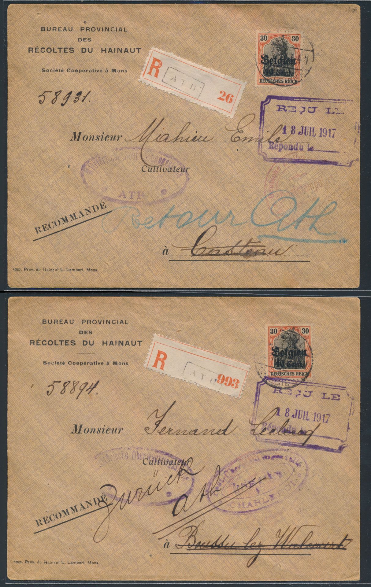 1917, 2 aangetekende brieven verstuurd uit Ath naar Casteau en Boussu lez Walcourt en terug naar Ath, gefrankeerd met 30c Germania met opdruk, zm.