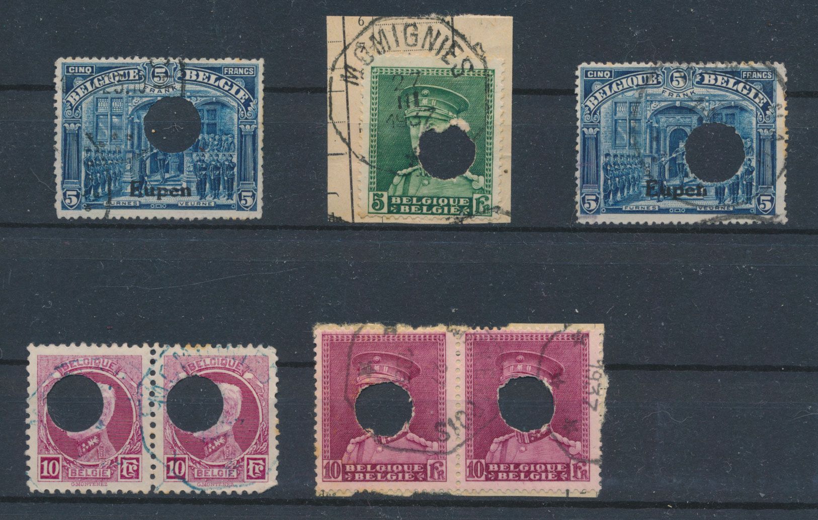 Samenstelling, 7 zegels met ontwaarding grote perforatie met Kepie, kleine Montenez en bezetting Eupen, zm/m/ntz