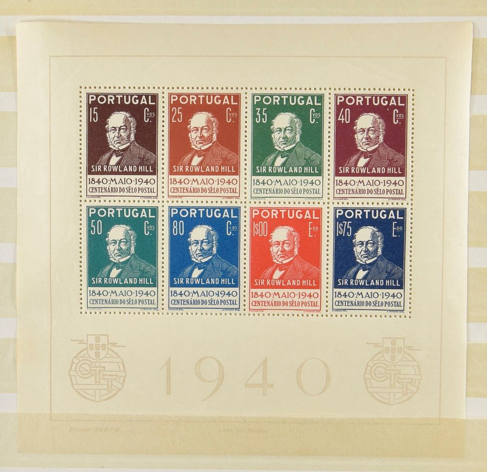 Berühmte Persönlichkeiten : Sammlung von Adenauer, Rowland Hill und Churchill in 3 Büchern, darunter Omnibus Englische Kolonien und Block Portugal 1940 (leicht knitterig), einwandfrei, zm 