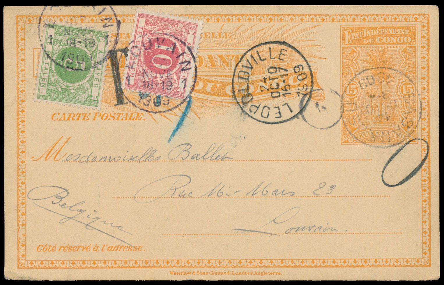 Postal stationery Stibbe 15, sent from Basankusu / Belgian Congo on 14 October 1909 to Louvain / Belgium, with 