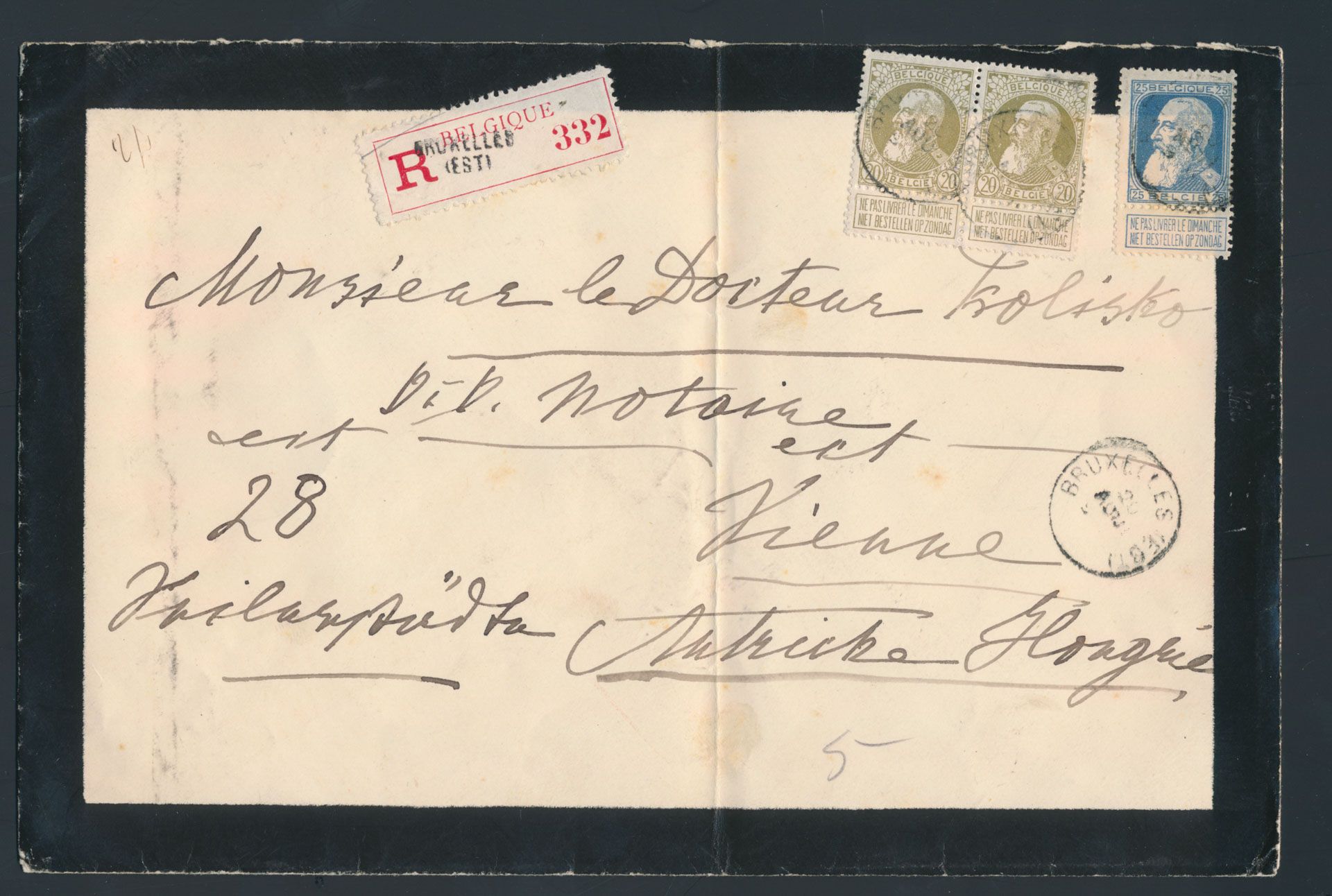 Nos 75 (2x) and 76, on registered printed matter (obituary), from Bruxelles (est), dated 20 August .... (date of the year is illegible) to Vienne - Autriche Hongrie (Vienna - Austria), vf