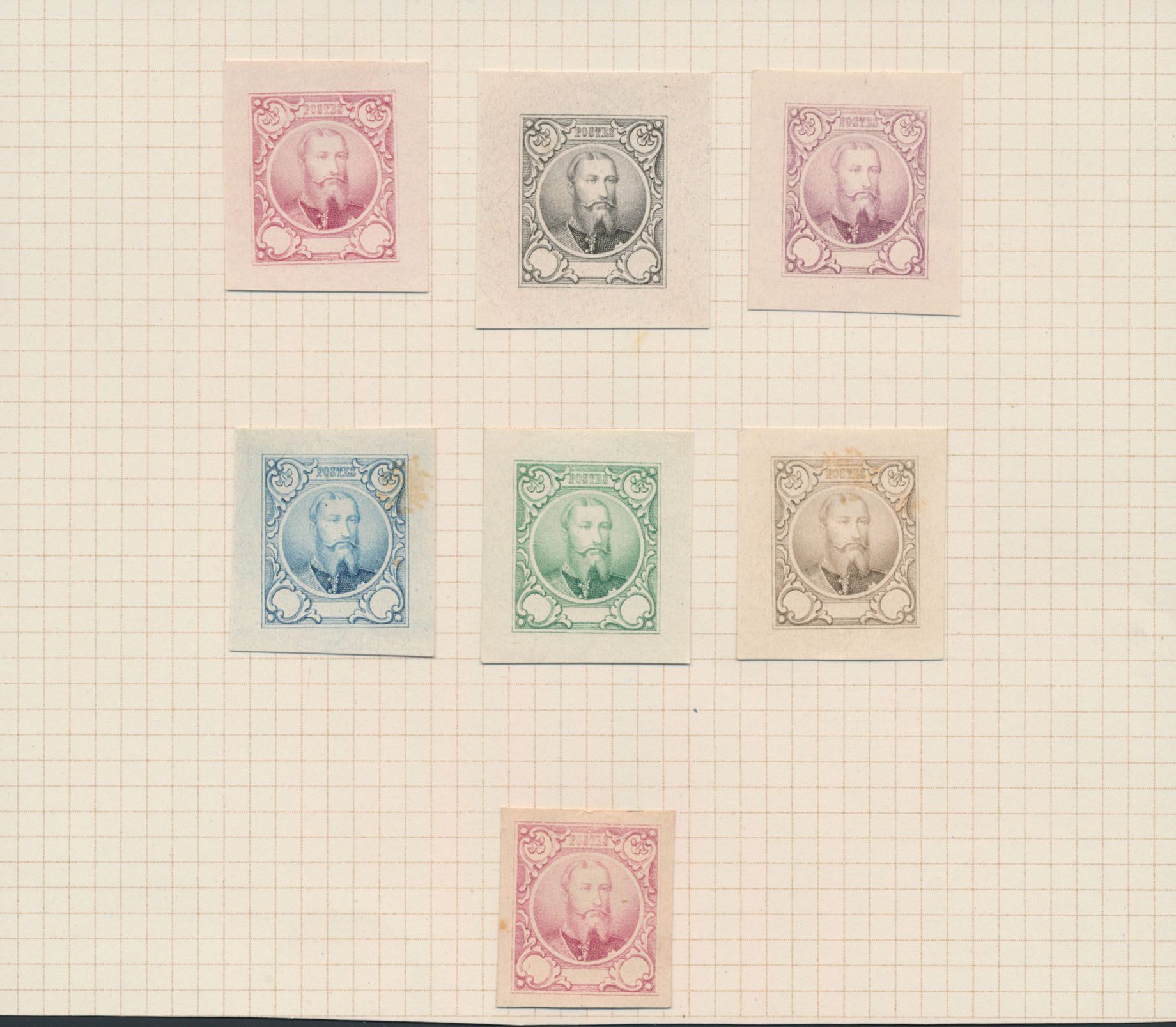 Stes 1414/20, 7 essays of mould without value, in different colours on thick white paper, of unadopted design, by J. Delpierre, vf/f/to be checked.