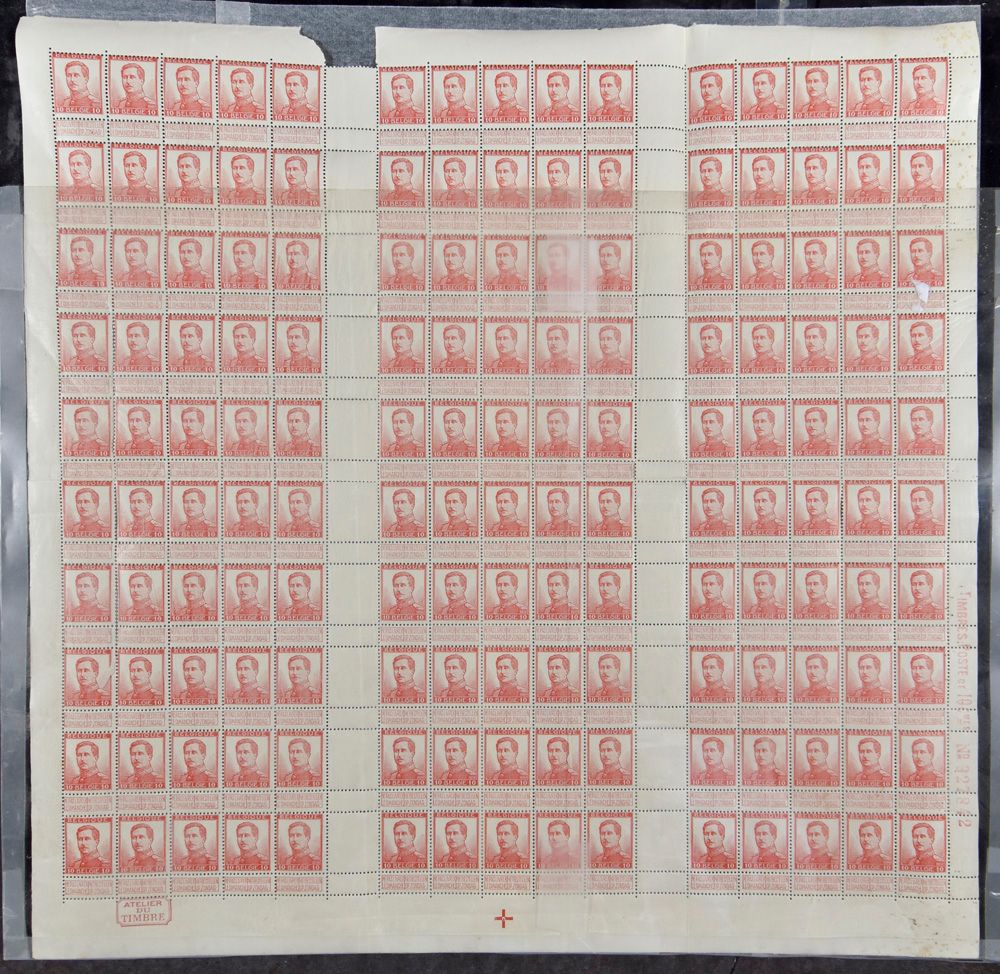 Nr. 123 '10c rot' (Ganzer Bogen von 150), 3 Platten von 50 hier und da gelöst auf Zähnung, zm/m/ntz.