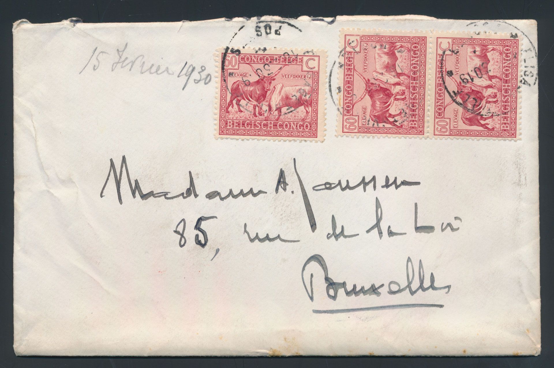 1930, cover sent from Elisabethville Belgian Congo on 16 February 1930 to Belgium, franked by three 60c carmine Leys issue, uncommon, vf/f