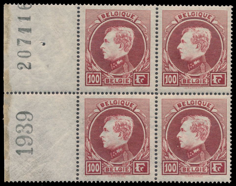 N° 292A '100 Fr carmine brown' (block of four) with margin inscription in margin, vf (OBP € +140)