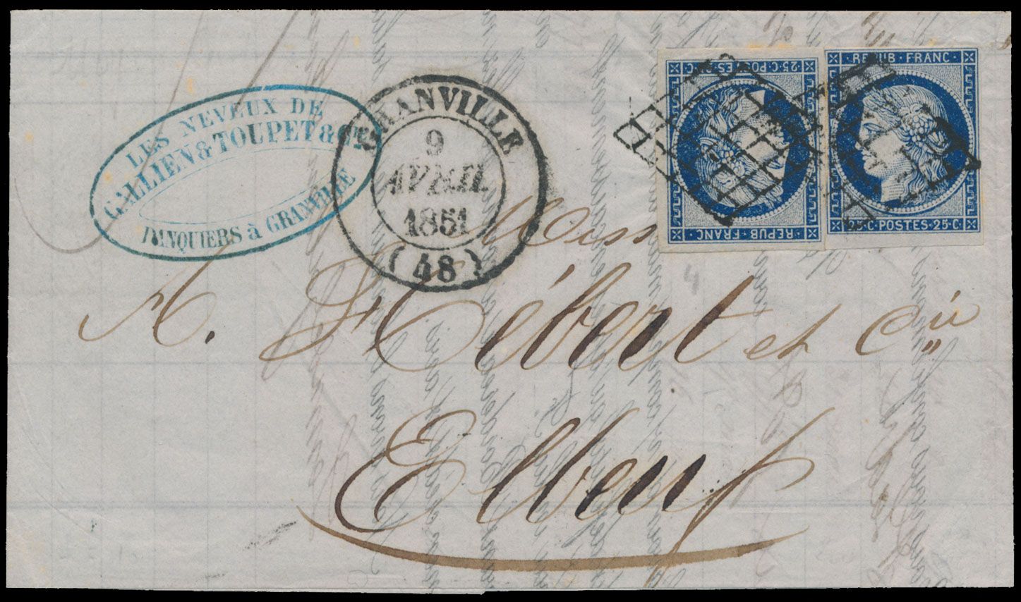1851, brief van Granville naar Elbeuf, gefrankeerd met2x N° 4 'Cérès 25c bleu foncé', grille afstempeling, zm.