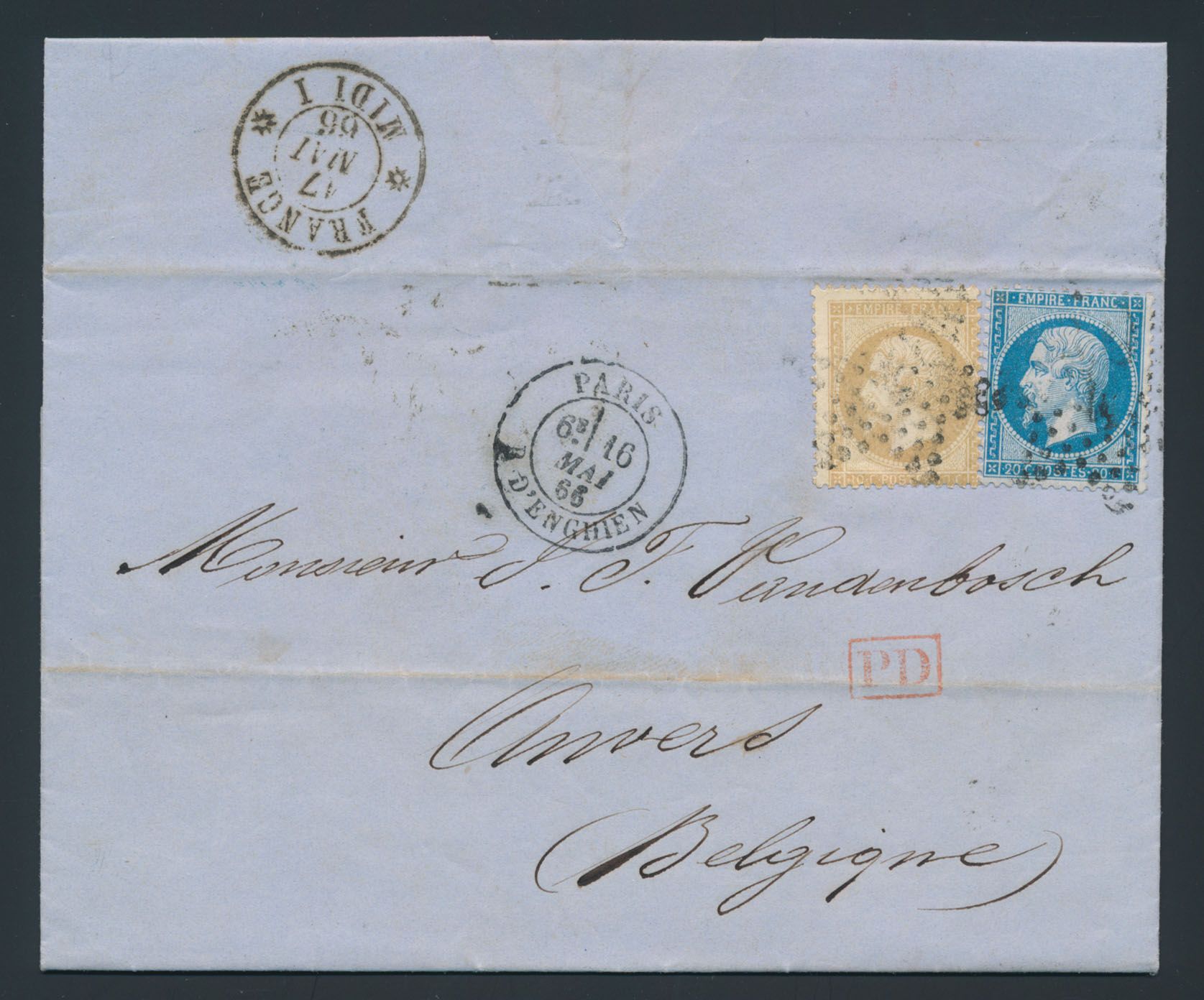 1866 N° 21 en 22 (Yv.), op brief met sterpuntstempel, vanuit Parijs met stempel (Parijs - D'Enghien), dd. 16 mei 1866, naar Anvers, met op de keerzijde de stempel 