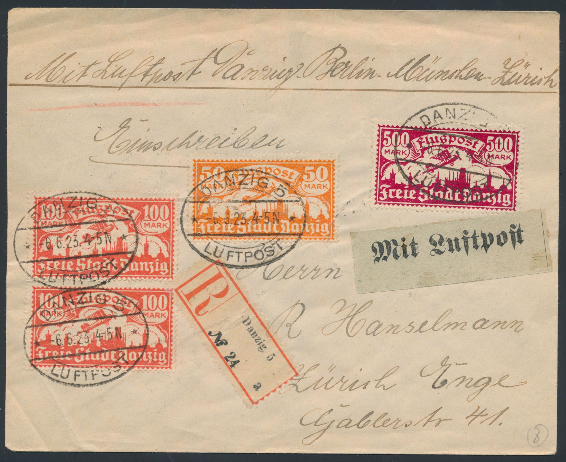 Lettre recommandée LP de 1923 à destination de Zurich via Berlin-Munich avec affranchissement recto et verso Mi. nos 133 (2x), 134 (2x), 135 (2x) et 137, belle lettre, tb 
