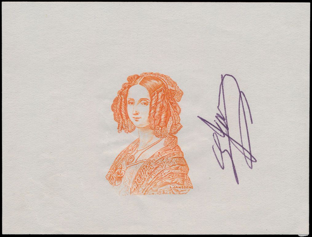 Type N° 1233 'Marie-Louise' niet aangenomen ontwerp, proef vd matrijs in oranje, op velletje gewoon wit papier, getekend door de artiest (Stes B 1624), zm.