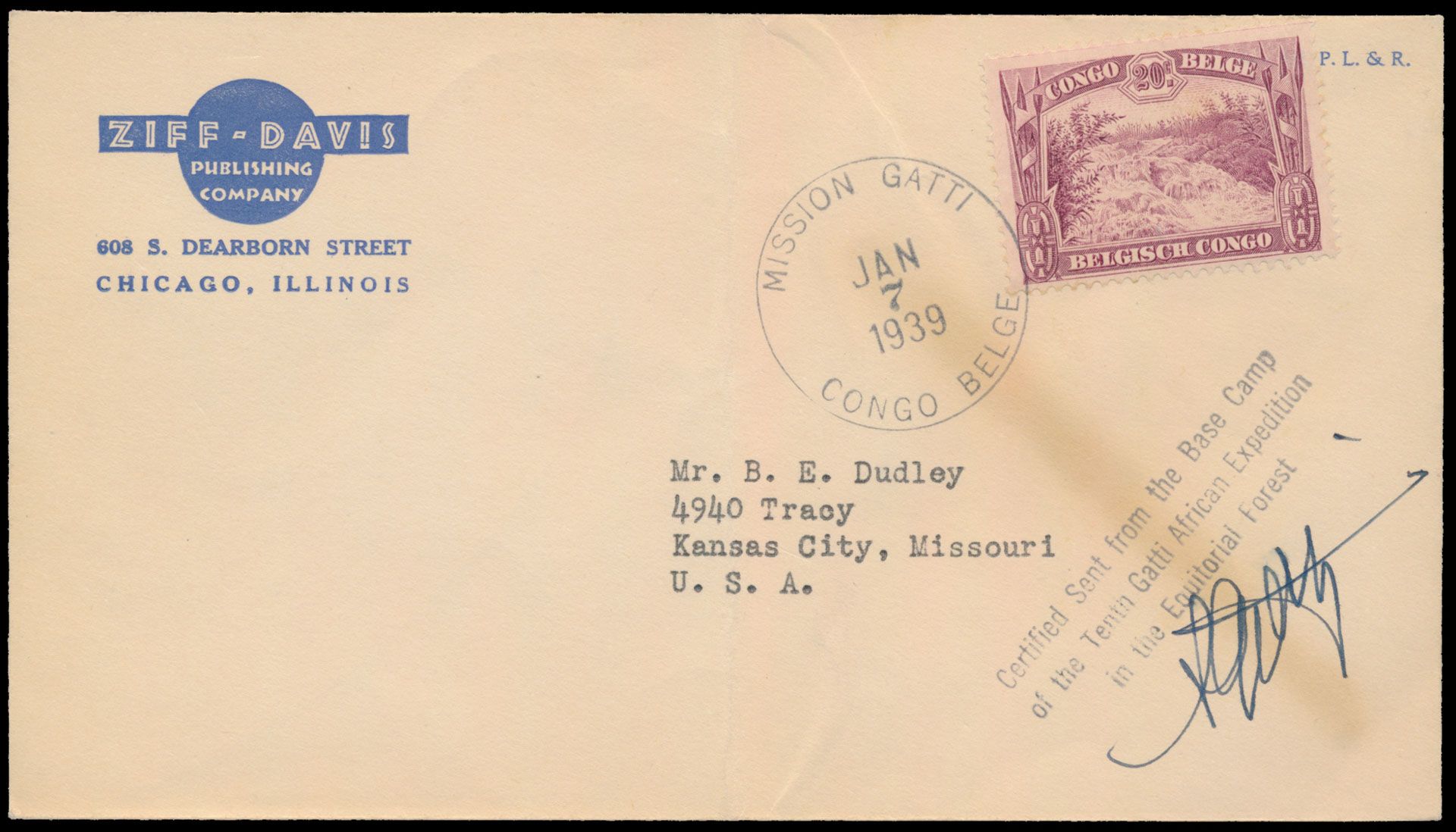 1939, cover from the 10th Gatti Mission in Congo, sent  on 7 January 1939 to Kansas City / USA, franked by 20c Native issue for printed matter rate, vertical fold, uncommon (see article in Congolatres bulletin nr 43), vf/f