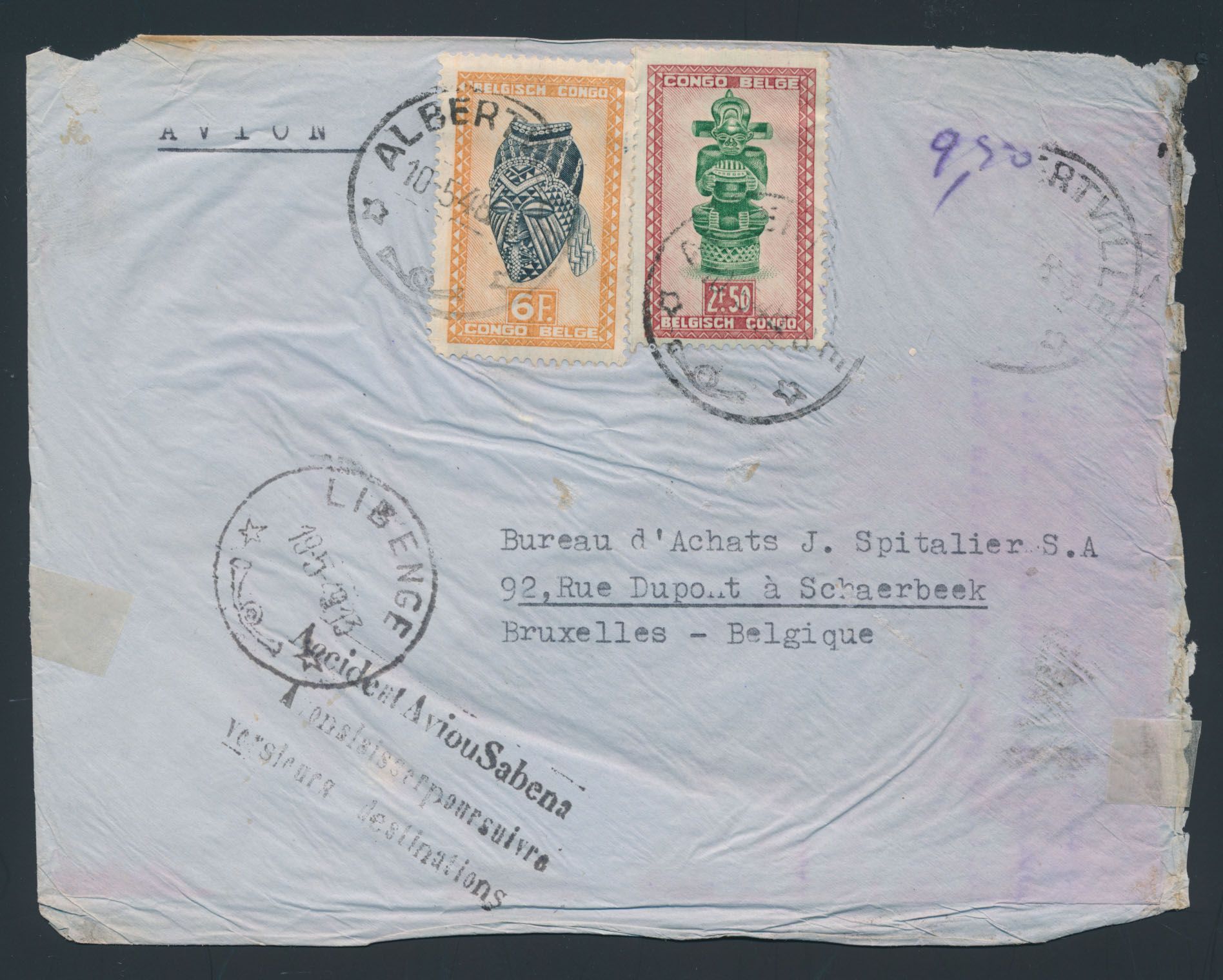 1948, crash airmail cover sent from Albertville on 16 May 1948 to Brussels / Belgium, crash at Libenge, 3 lines mark 