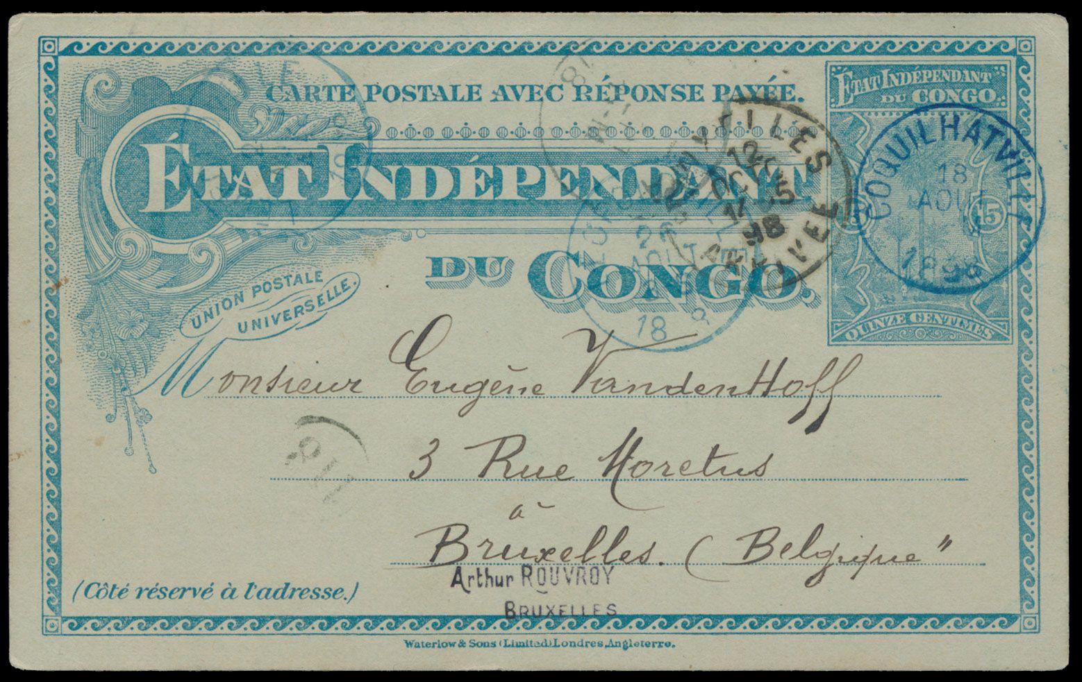 COQUILHATVILLE, postal stationery Stibbe 17 demand card only, sent from Coquilhatville (type Keach 1,1) on 16 August 1898 to Brussels / Belgium via Leopoldville, vf