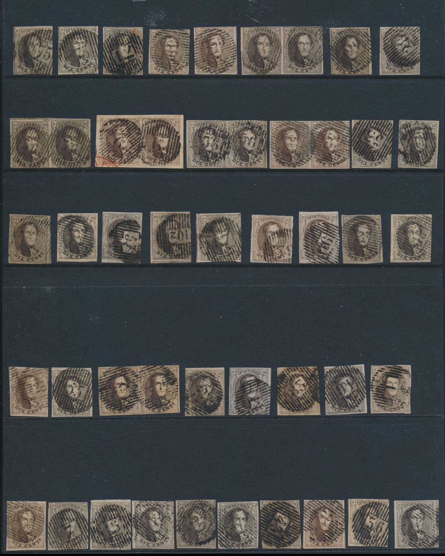 Médaillons non dentelés '10c brun', 52x (dont 5 paires), tous timbres d'oblitération distribution, dont de très belles ( D53, D83, D90, D91, etc.), zm/m/ntz (Haut COBA)