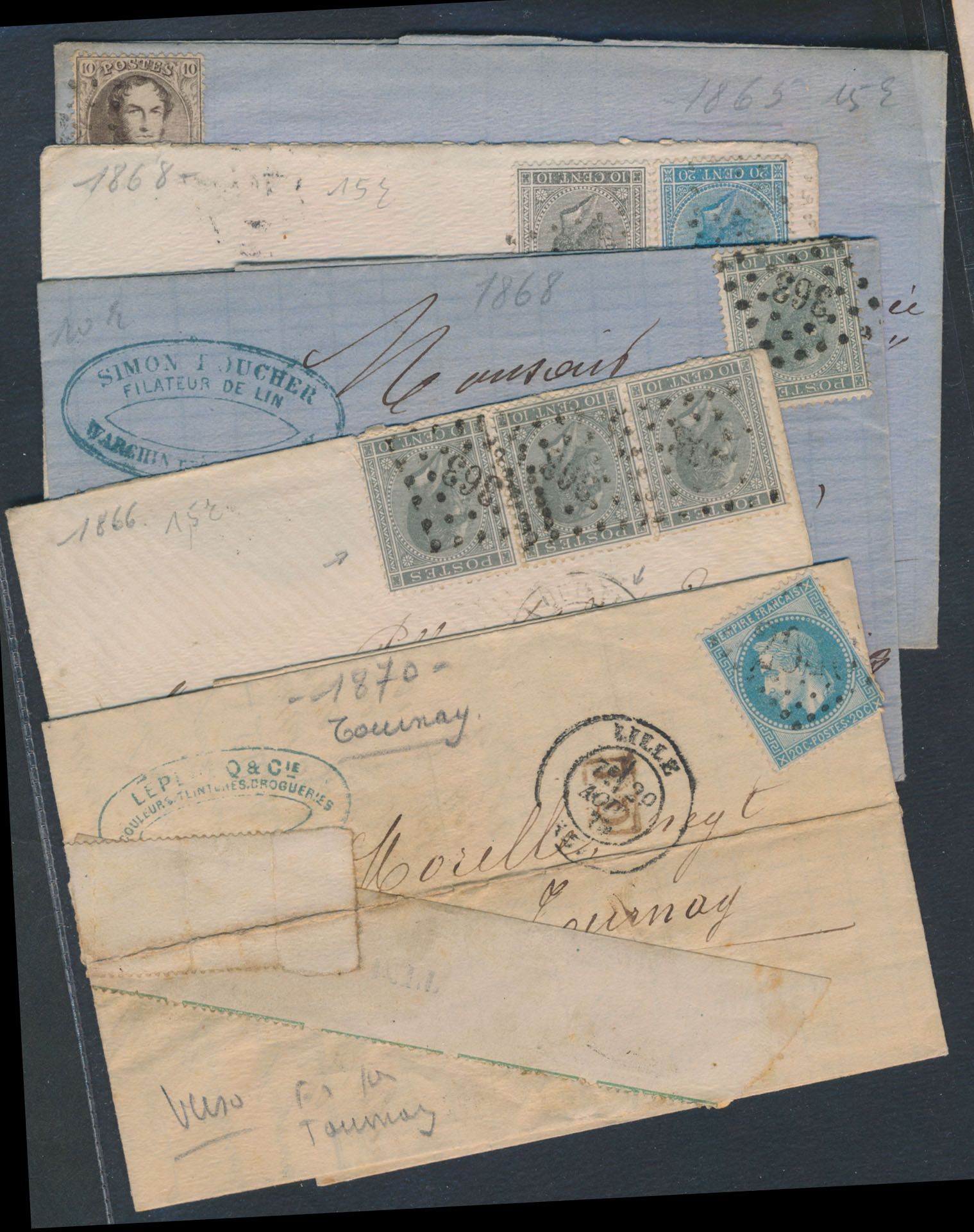 1865/1874 Kleine verzameling van 10 brieven, vanuit Tournay, zm/m
