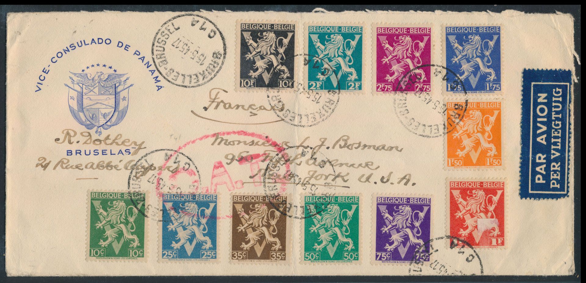 Brief vh Vice Consulaat van Panama in Brussel 15/5/1945, naar New York, 1945, met N° 675/80, 682/85 en 689, O.A.T. in rood ovaal (in 2 geplooid, zegels niet beschadigd), zm/m.