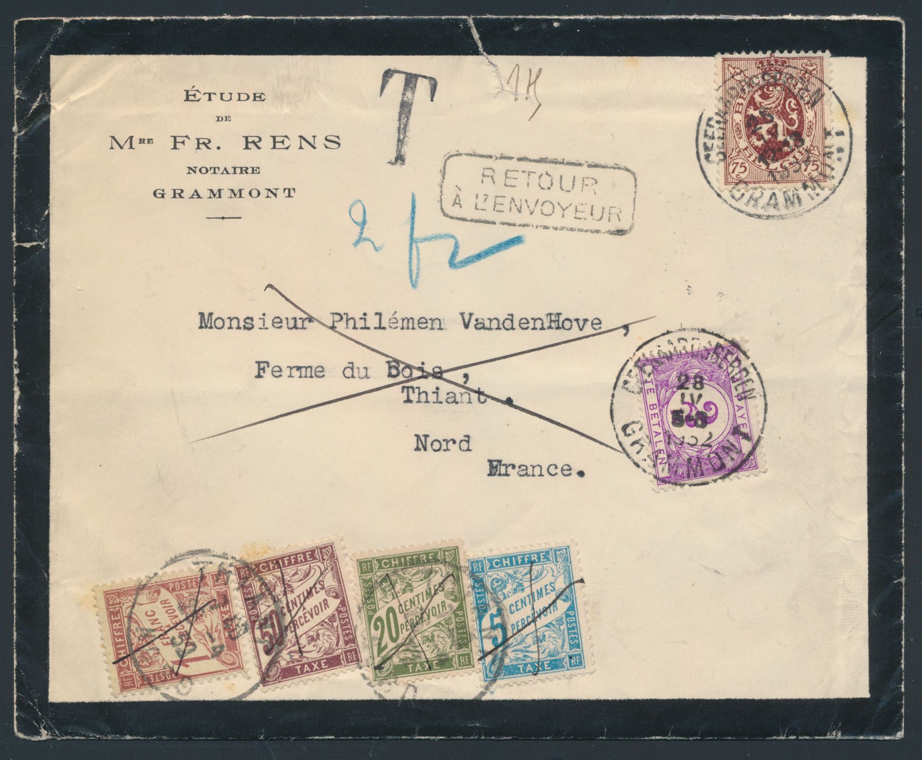 1932 N° 288A, op brief uit Geraardsbergen, dd. 25 april 1932, naar Thiant (Frankrijk), aldaar getaxeerd met 1,75 frank, mooie stempel 