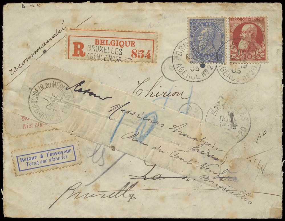 1905, BRUXELLES AGENCE n° 20, aangetekende brief, gefrankeerd met OBP n° 60 en 74 