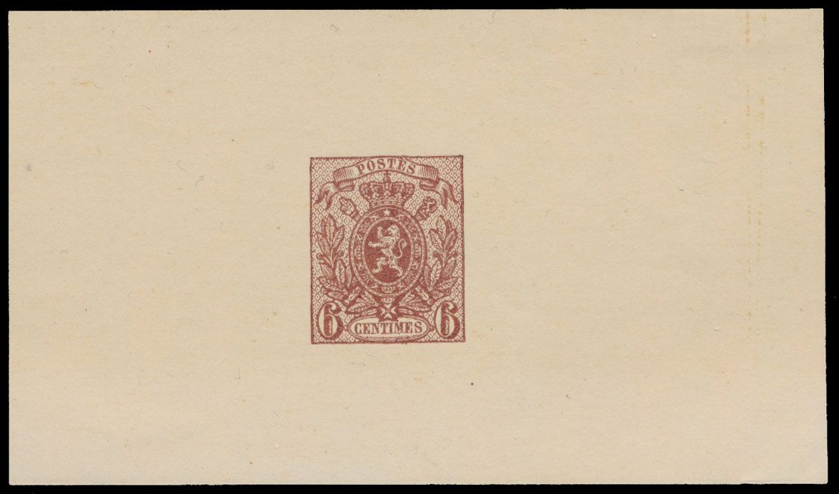 Stes 1379 '6c voorgestelde waarde, doch niet uitgegeven' op velletje licht chamois papier in bruinrood, zm.