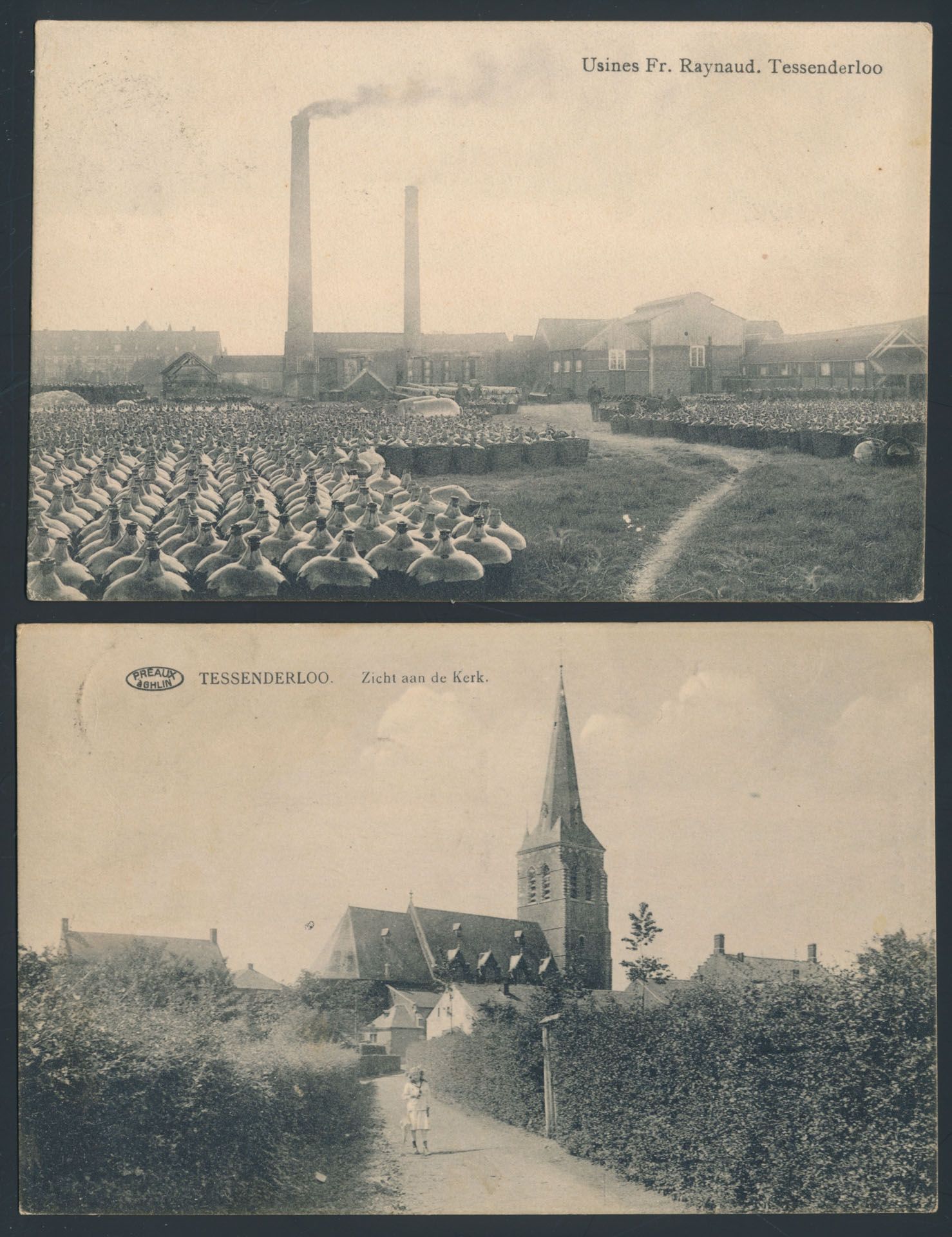 Provincie Limburg, Tessenderlo, Fabriek Raynaud en zicht op de kerk (2 stuks)