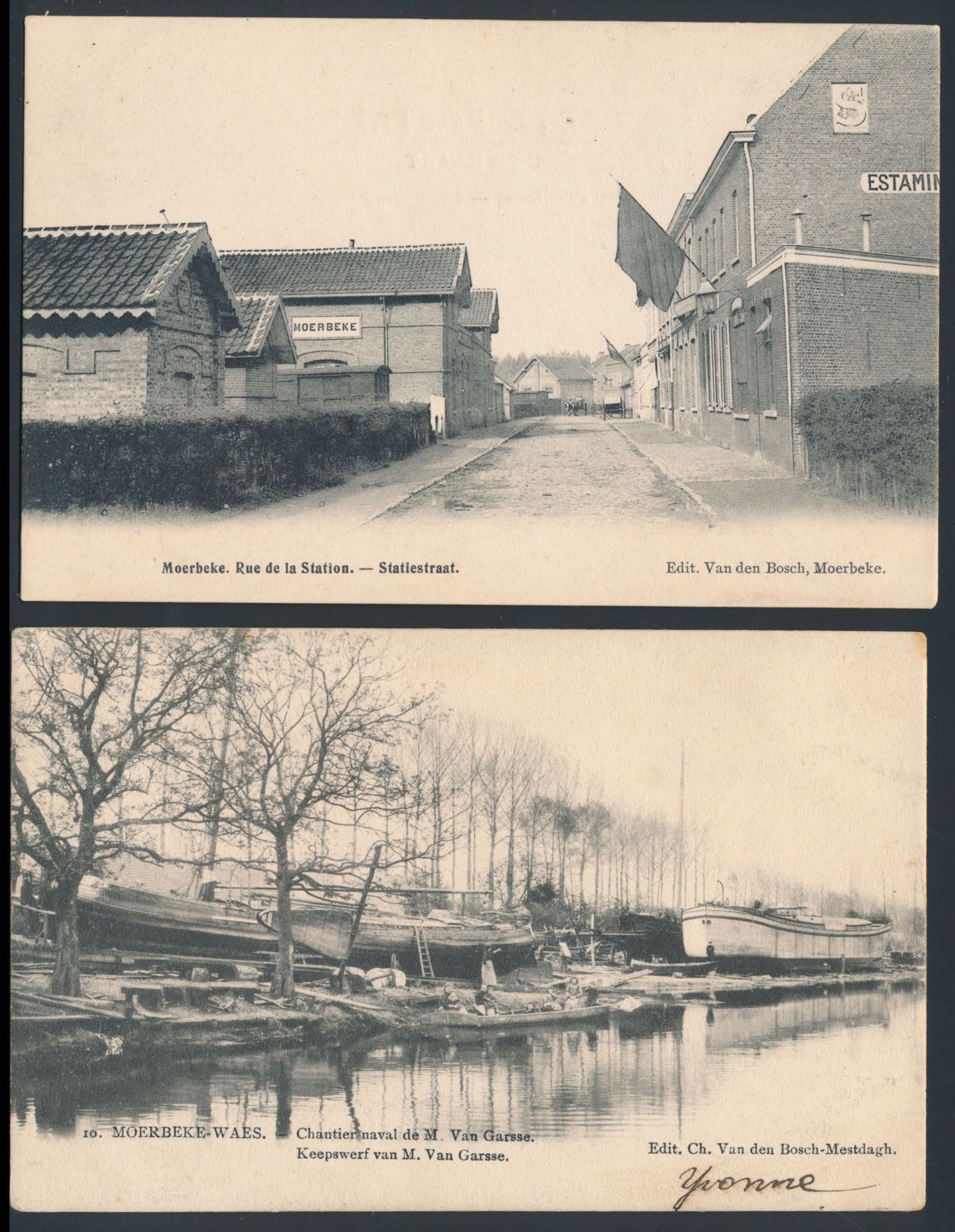Moerbeke Waas, w.o. station met aankomende trein, binnenscheepvaart, enz... (10 stuks)