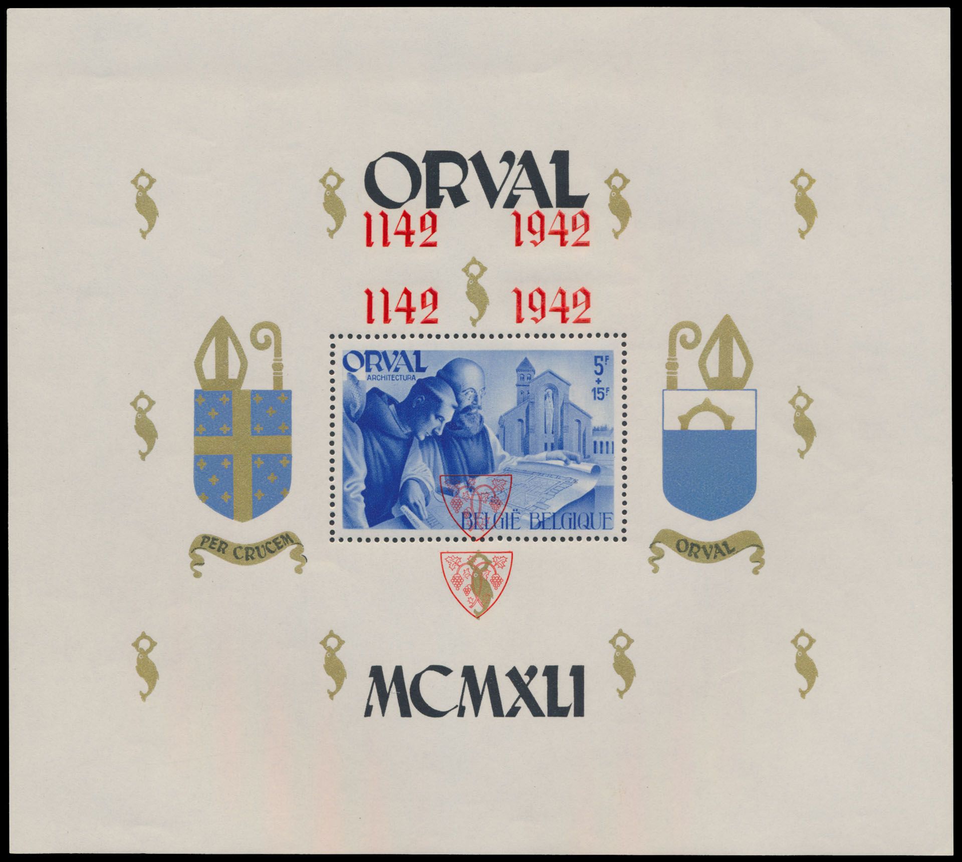 BL 22-Cu, English numerals, perforated, NOT numbered, with double red overprint (shield and 1142 1942), vf (OBP ++€120)