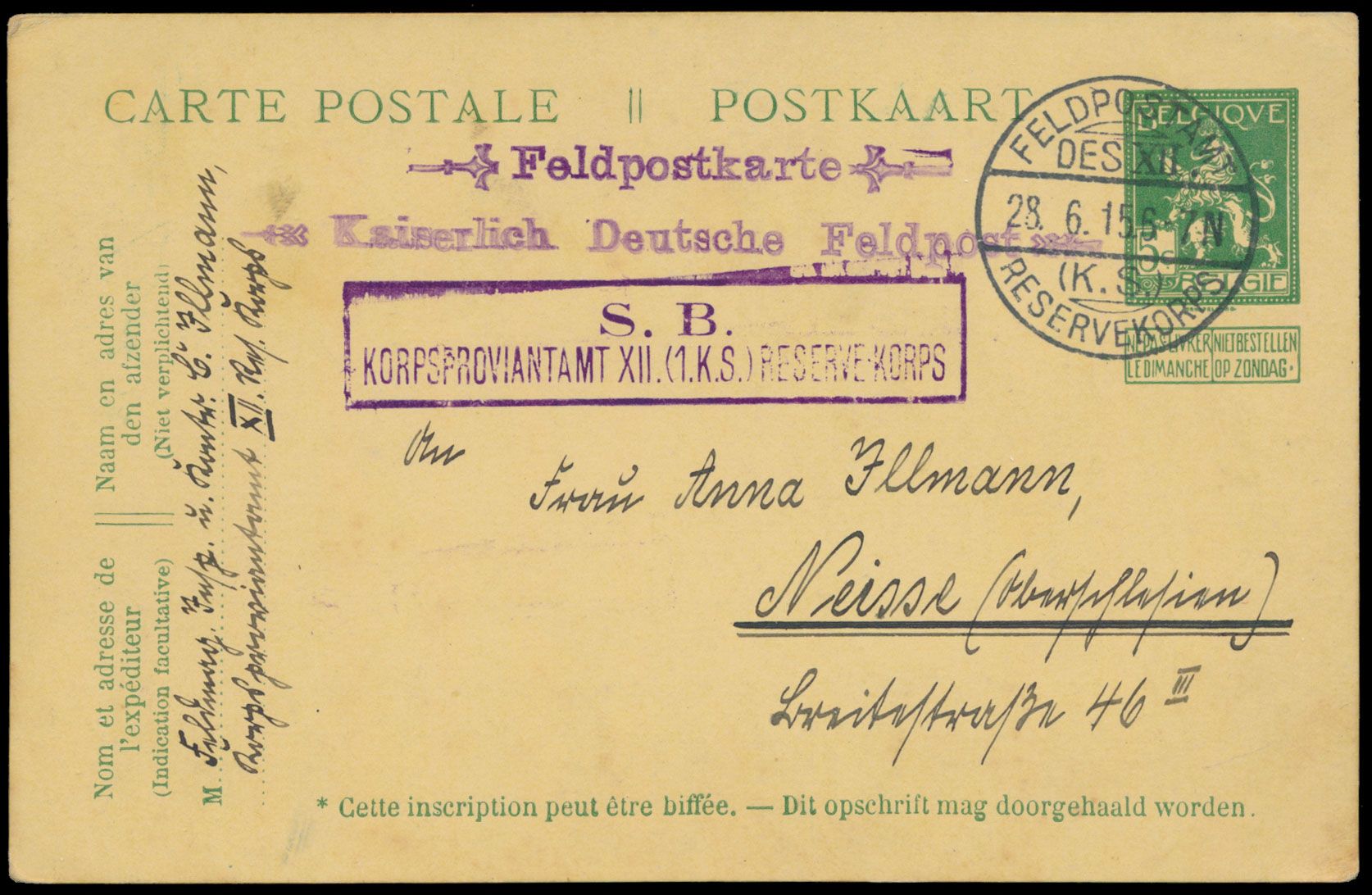 1915, 2 Belg. PWS gebruikt door Duitse soldaten als 'Feldpostkarten' zegels gest. Feldpostamt Des XII/ Reservekorps' en '6 Rhein. Inf. Regt. nr 68, 5° compagnie' verstuurd naar Duitsland, zm.