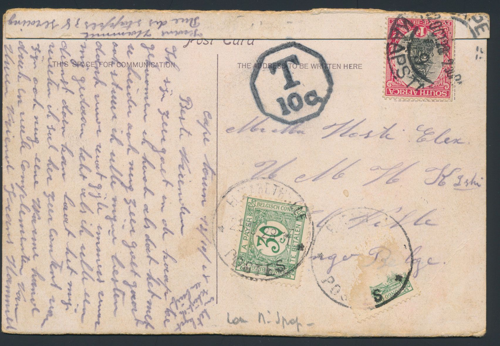 1928, incoming picture postcard sent from Capetown / South Africa on 12 October 1928 to Elisabethville, octogonal tax mark 