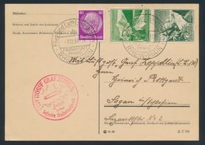 1.12.1938 N° 8Ib (Mi. Zeppelin Specialised), LZ 130 Sudetenlandfahrt-briefkaart verzonden vanuit Frankfurt naar Sagan (tegenwoordig Żagań, Polen) en voorzien van een reguliere frankering inclusief een se-tenant paar uit een boekje, afgestempeld met speciale Frankfurt-poststempel, zeppelinvluchtstempel ernaast in rood, zm