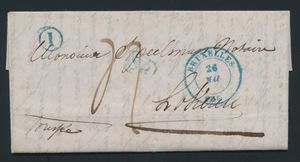 1844 Voorloper met inhoud, vanuit Bruxelles, met postbus I (Elsene), dd. 26 mei 1844, naar Lokeren, port 4 decimen, manuscript 