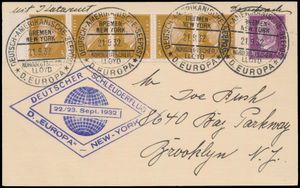 22.9.1932 N° 109a (Mi. Zeppelin Specialised), catapult postcard sent to Brooklyn, NY and carried aboard the 