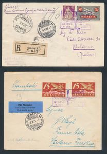 3.10.1925 Genève - Milaan Eerste vlucht twee brieven beide verzonden naar Milaan, waarvan één aangetekend, postzegels afgestempeld met rechthoekig vluchtstempel in violet, aankomststempels op de achterkant, zm/m