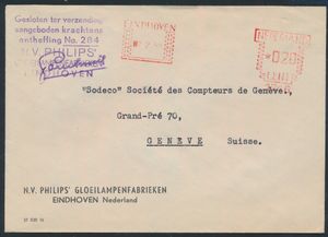 1952 Lettre d'Eindhoven (Philips) vers la Suisse avec cachets rouges et cachet 