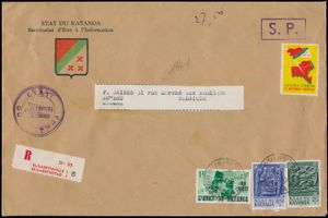 1961, large cover with Katanga State letterhead, franked with N° 42-60-63, sent by registered mail from Elisabethville on 6-9-63 to Brussels, with 'Katanga Atawina' propaganda pictorial stamp, added a block of 6 'Tshombe' pictorial stamps and a block of 4 Leopold III pictorial stamps, with 'Antwerpen Centrum' station cancelled dated 30-7-1946, vf