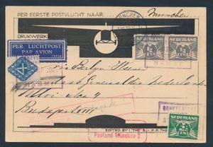 1929 Carte imprimée par premier vol postal vers Munich, Vienne, Budapest avec entre autres affranchissement rouleau de Scheveningen, tb