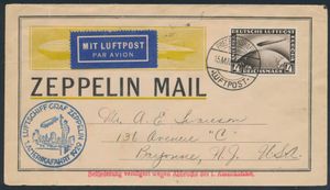 15.5.1929 N° 23a (Mi. Zeppelin Specialised), LZ 127 Amerikafahrt brief verzonden naar Bayonne, New Jersey en gefrankeerd met een postzegel van 4 RM (Michel 424) met poststempel van Friedrichshafen, zeppelinvluchtstempel in blauw ernaast en een enkele rode handstempel aangebracht toen het luchtschip een noodlanding moest maken in Cuers (waardoor de bezorging vertraging opliep), aankomstpoststempel op de achterkant, verticale vouw ver van de postzegel, zm