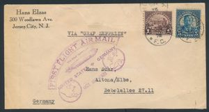16.10.1928 Nr. 8Ac (Mi. Zeppelin Specialised), LZ 127 Amerikafahrt Brief von New York nach Altona, Deutschland, frankiert mit Briefmarken zu 1 $ + 5c, Zeppelinflugstempel „First Flight Air Mail” in Violett daneben, Friedrichshafen-Ankunftsstempel auf der Rückseite, einwandfrei