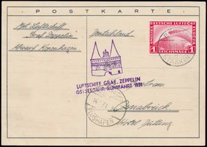14.5.1931 N° 177Ic (Mi. Zeppelin Specialised), LZ 127 Ostseejahr-Rundfahrt - Kopenhagen drop-off ansichtkaart verstuurd naar Osnabrück en gefrankeerd met een 1 RM postzegel (Michel 455) vastgebonden door Berlijn c.d.s., zeppelin vlucht cachet naast, evenals Travemünde c.d.s. gedateerd op dezelfde dag als die van Berlijn (14.5), zm