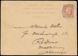EP Stibbe Nr 1, cancelled in Banana on 22 March 1886, destination Germany, Postmaster De Keyzer, transit mark Lisbon 10 May 1886, rare use in 1886, vf.